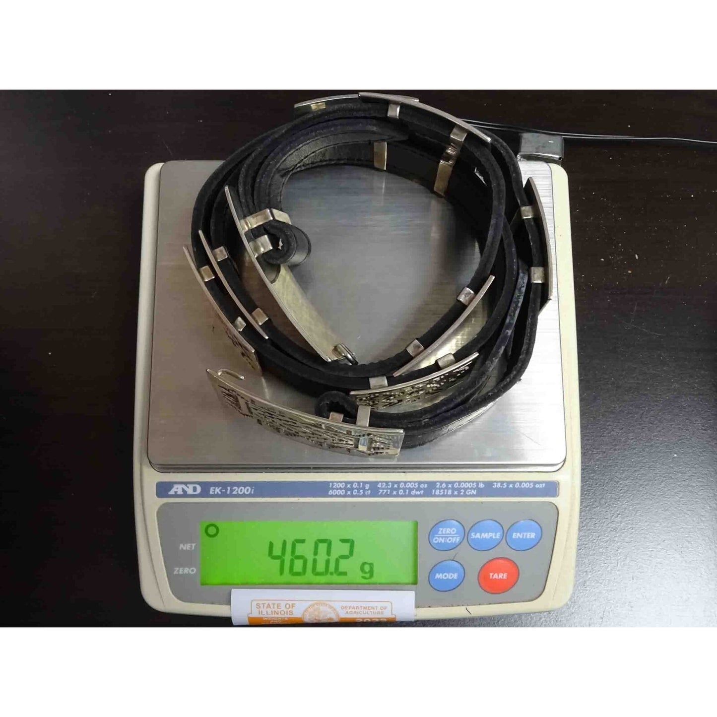 Geometric Navajo Design Sterling Silver Station Black Leather Belt