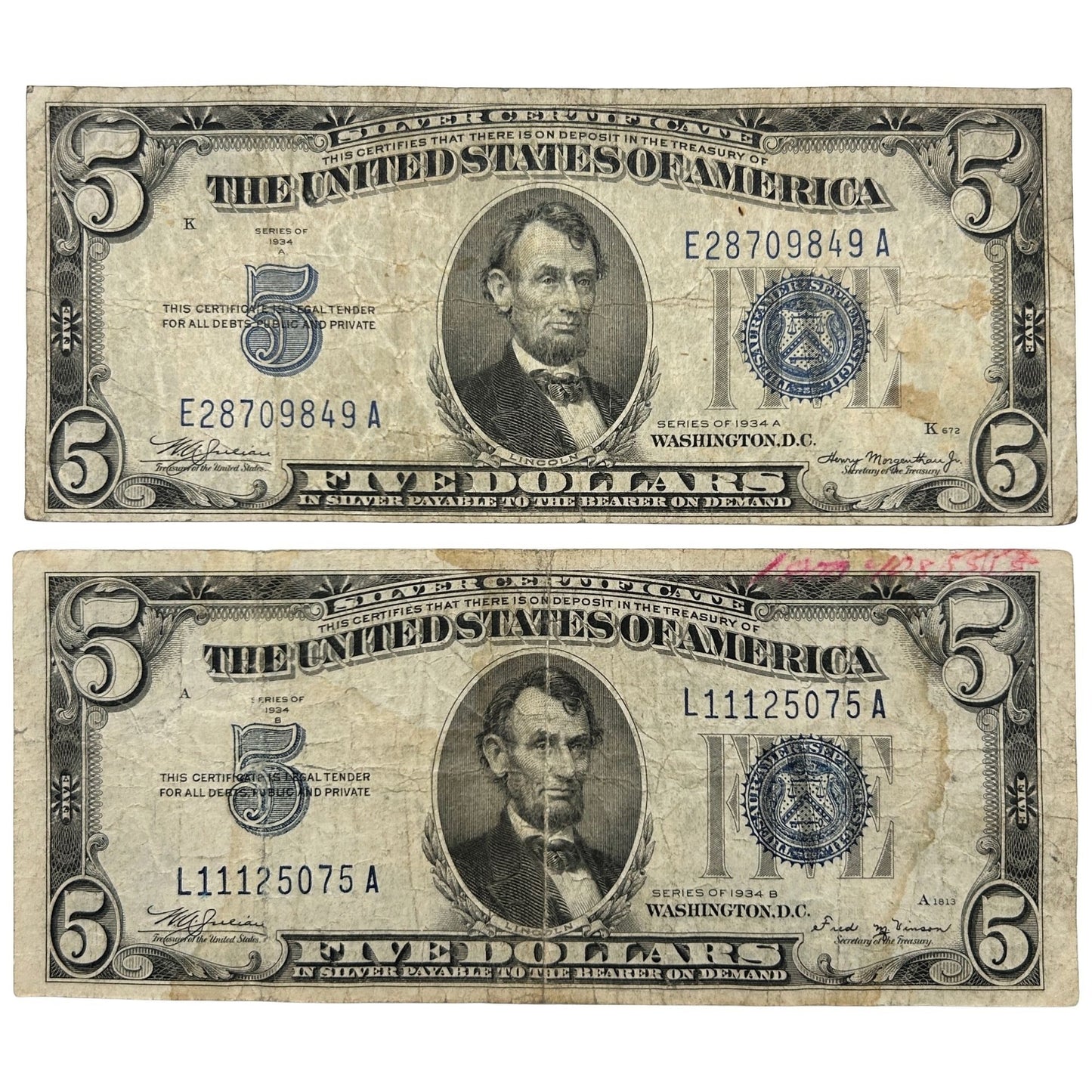 LOT OF 2 1934-A & 1934-B Blue Seal FRN Banknote Silver Certificate - Circulated