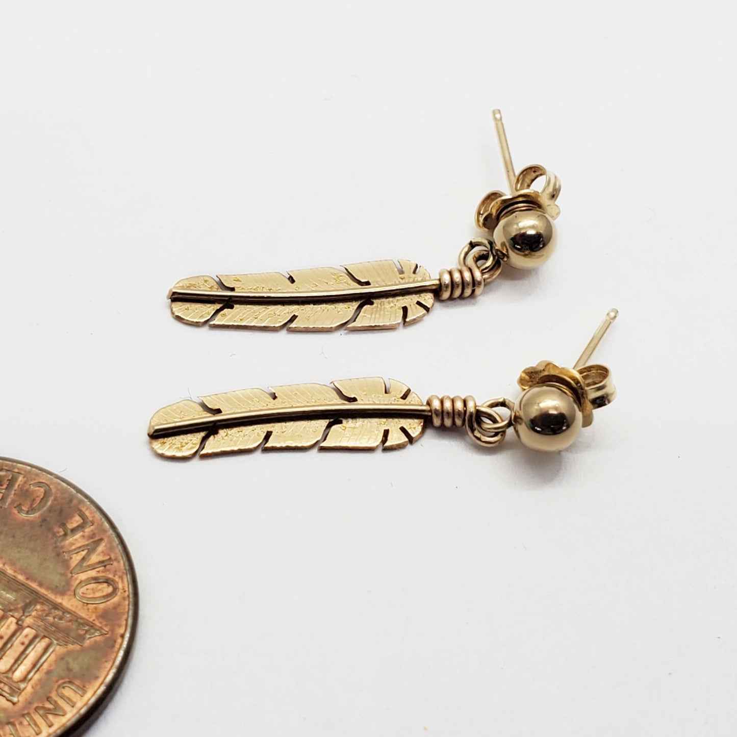 Rounded Feather Dangle Drop Earrings 14k Gold