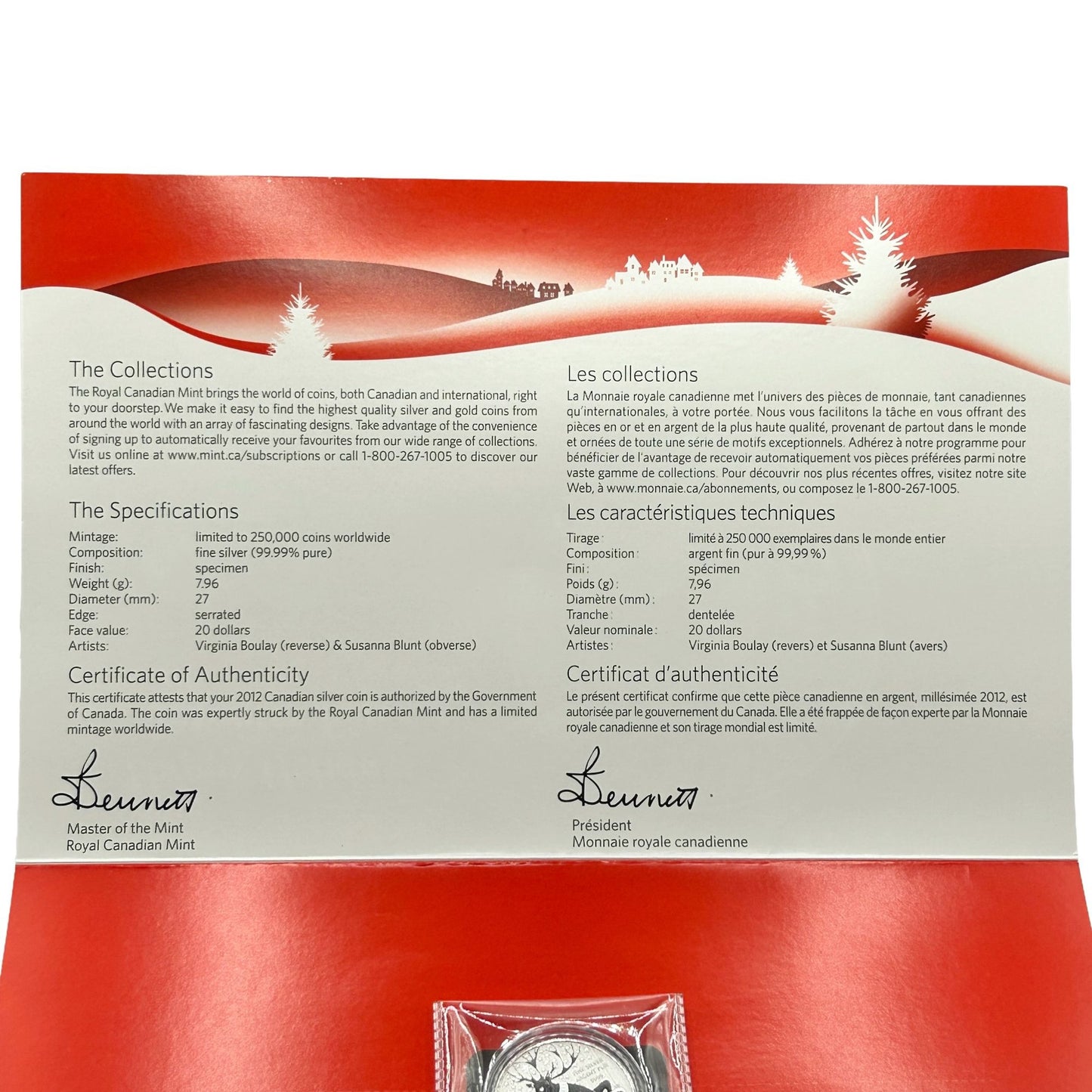 Happy Holidays - 2012 Canada $20 Fine Silver Coin Original Packaging & COA