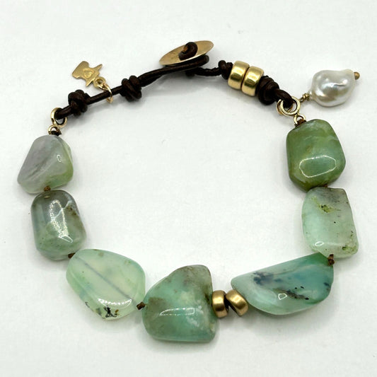 7.5" Chrysoprase Bracelet with a Natural Pearl and 14k Gold Beads