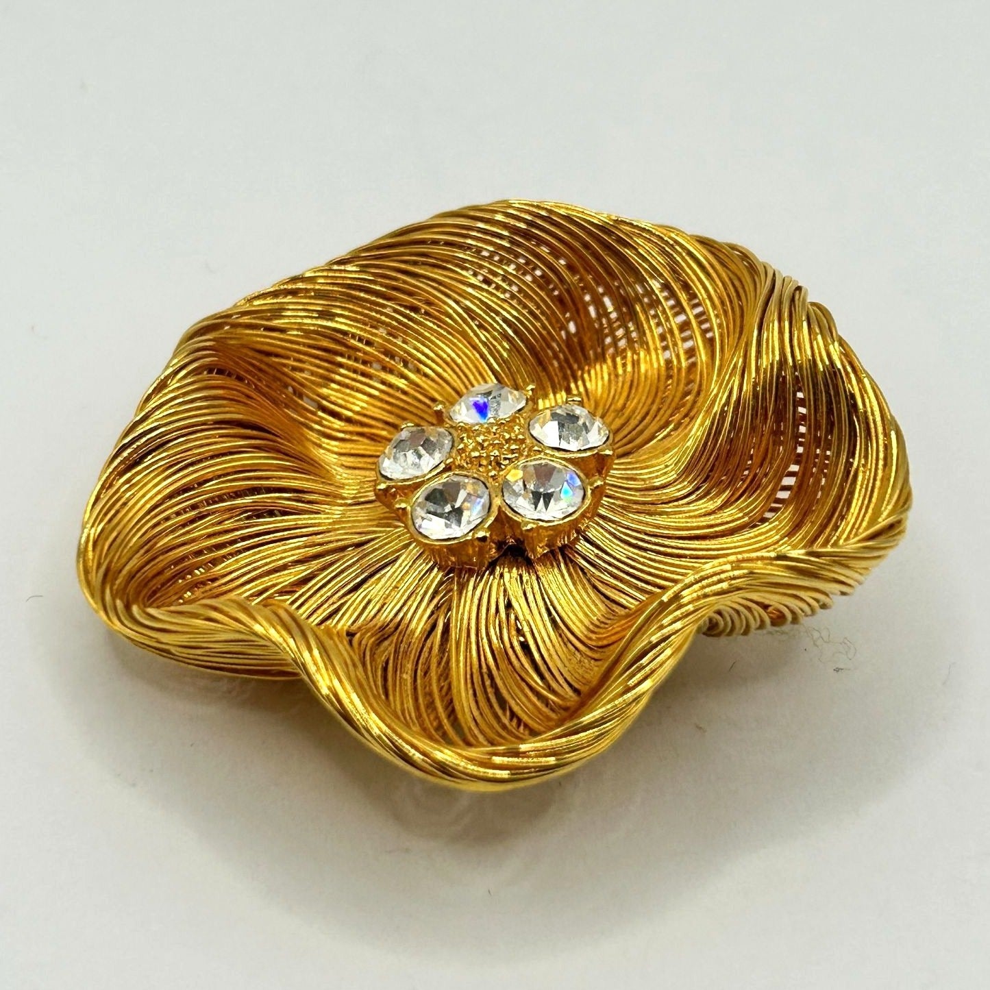 Vintage Monet Gold Plated Spun Wired Flower with Rhinestones Center Brooch