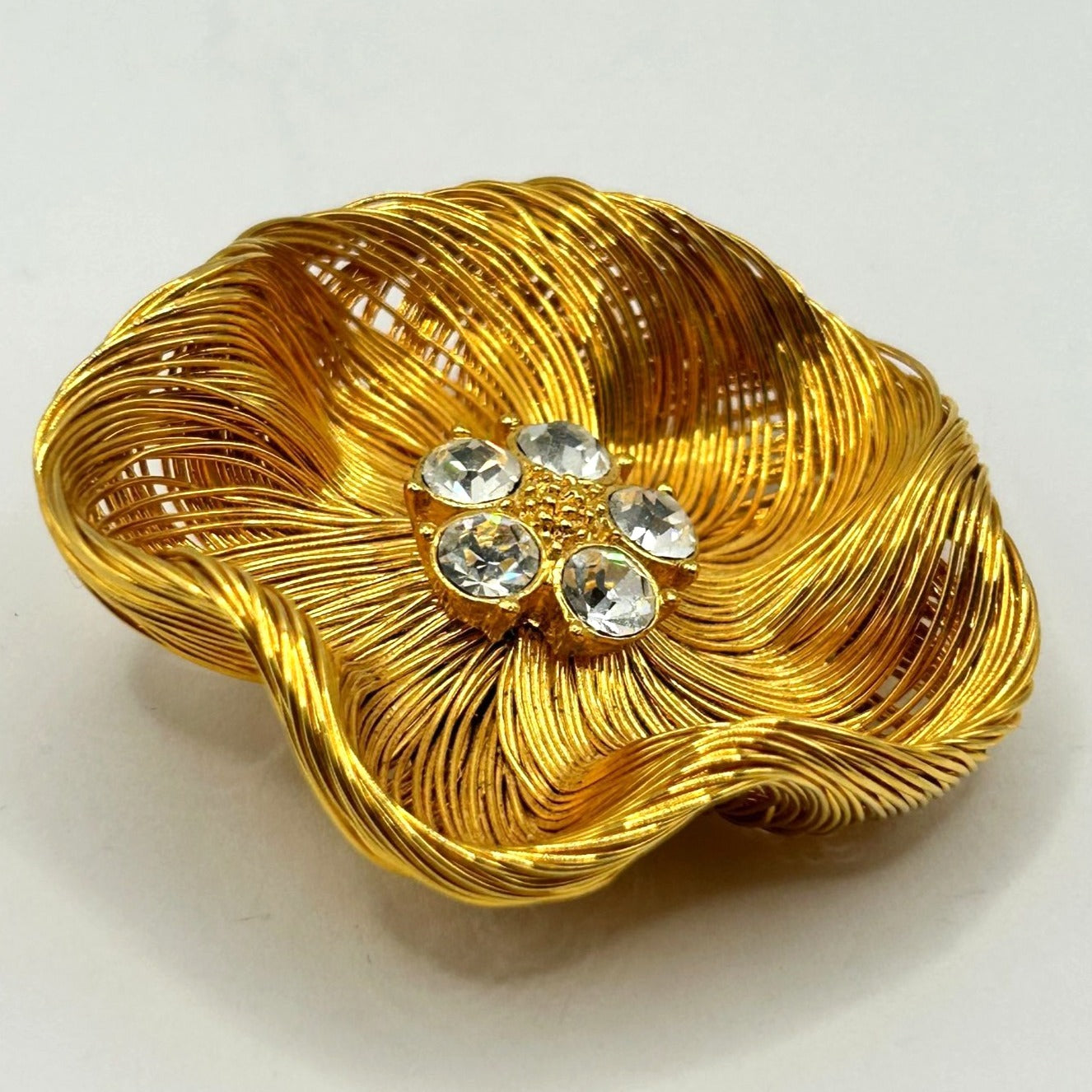 Vintage Monet Gold Plated Spun Wired Flower with Rhinestones Center Brooch