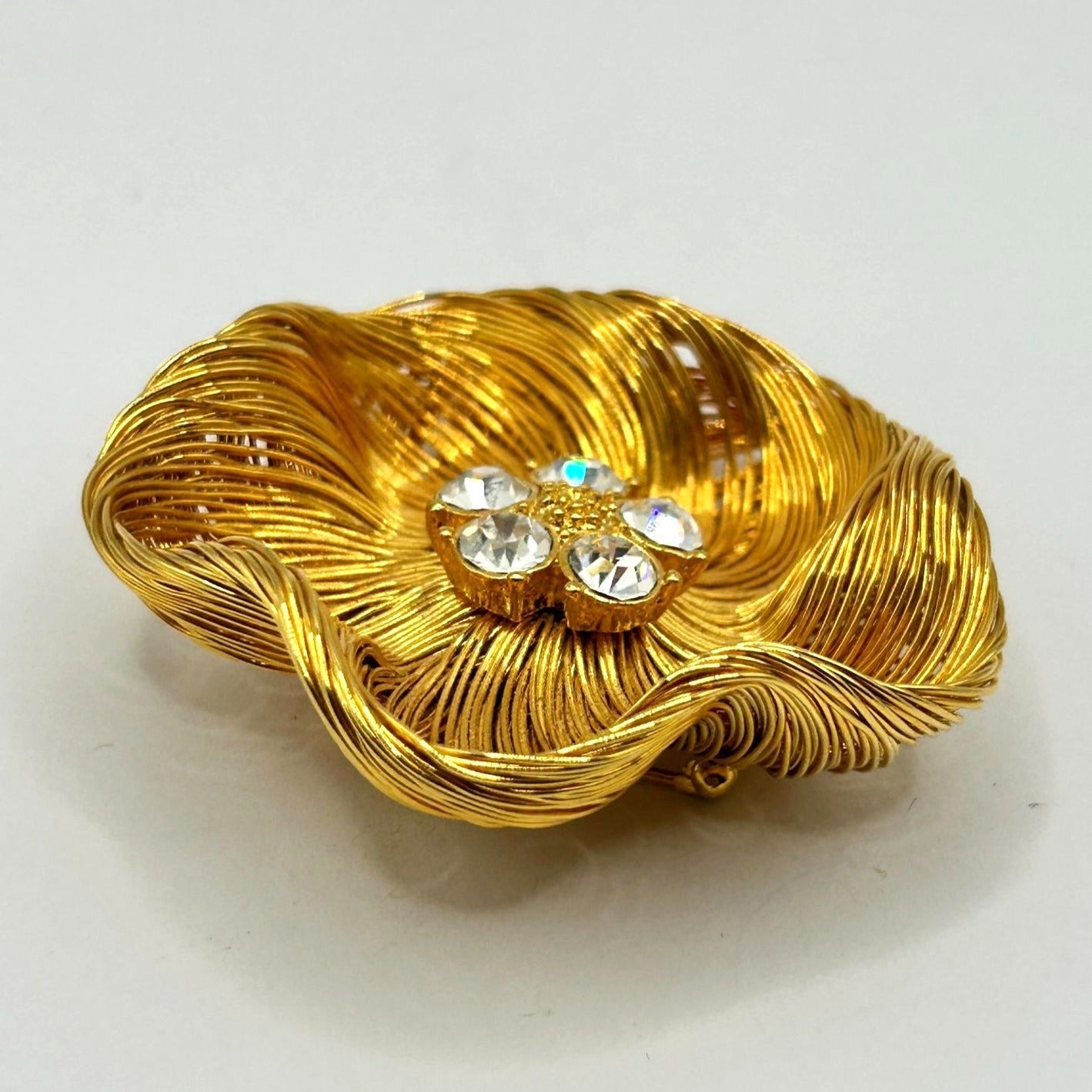 Vintage Monet Gold Plated Spun Wired Flower with Rhinestones Center Brooch