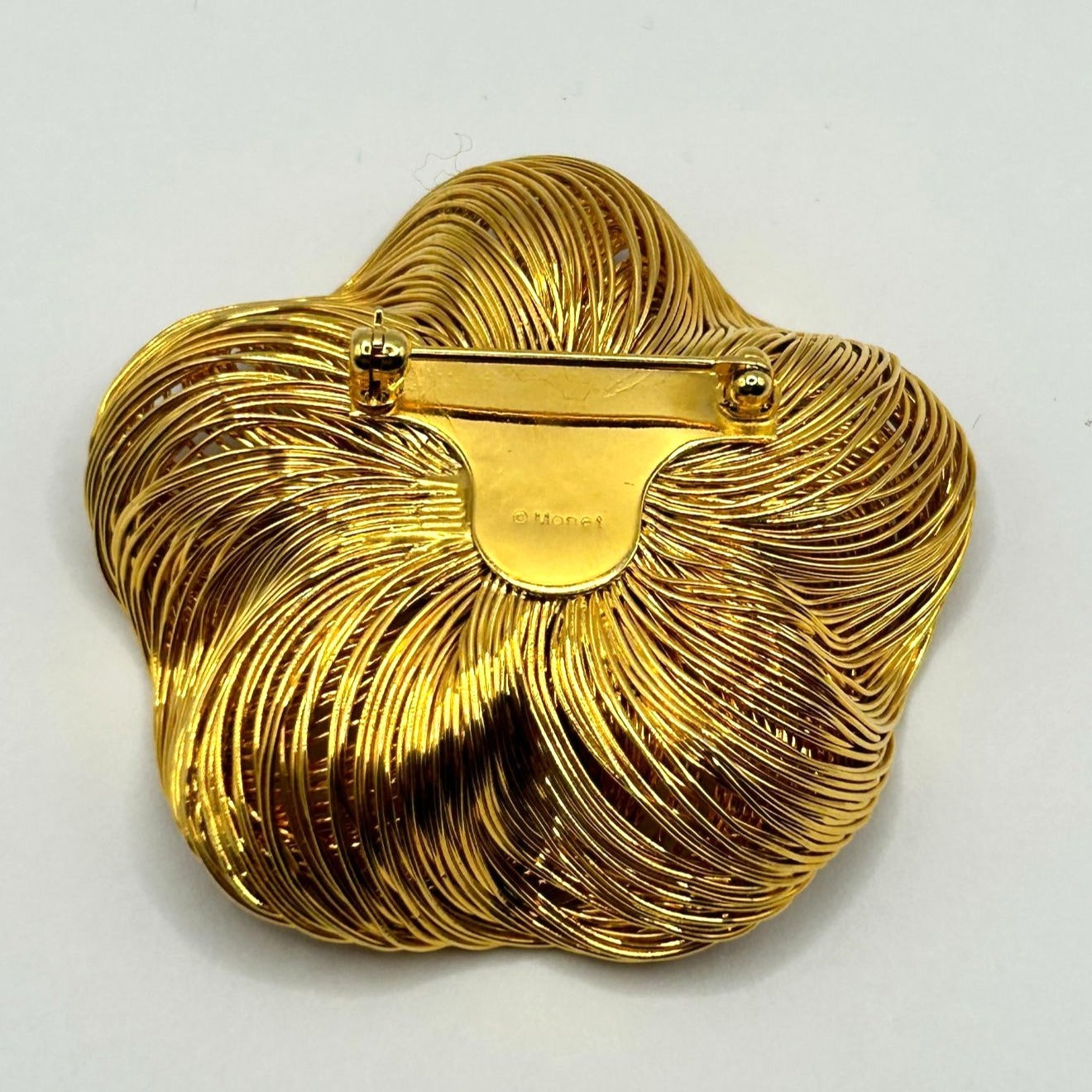 Vintage Monet Gold Plated Spun Wired Flower with Rhinestones Center Brooch