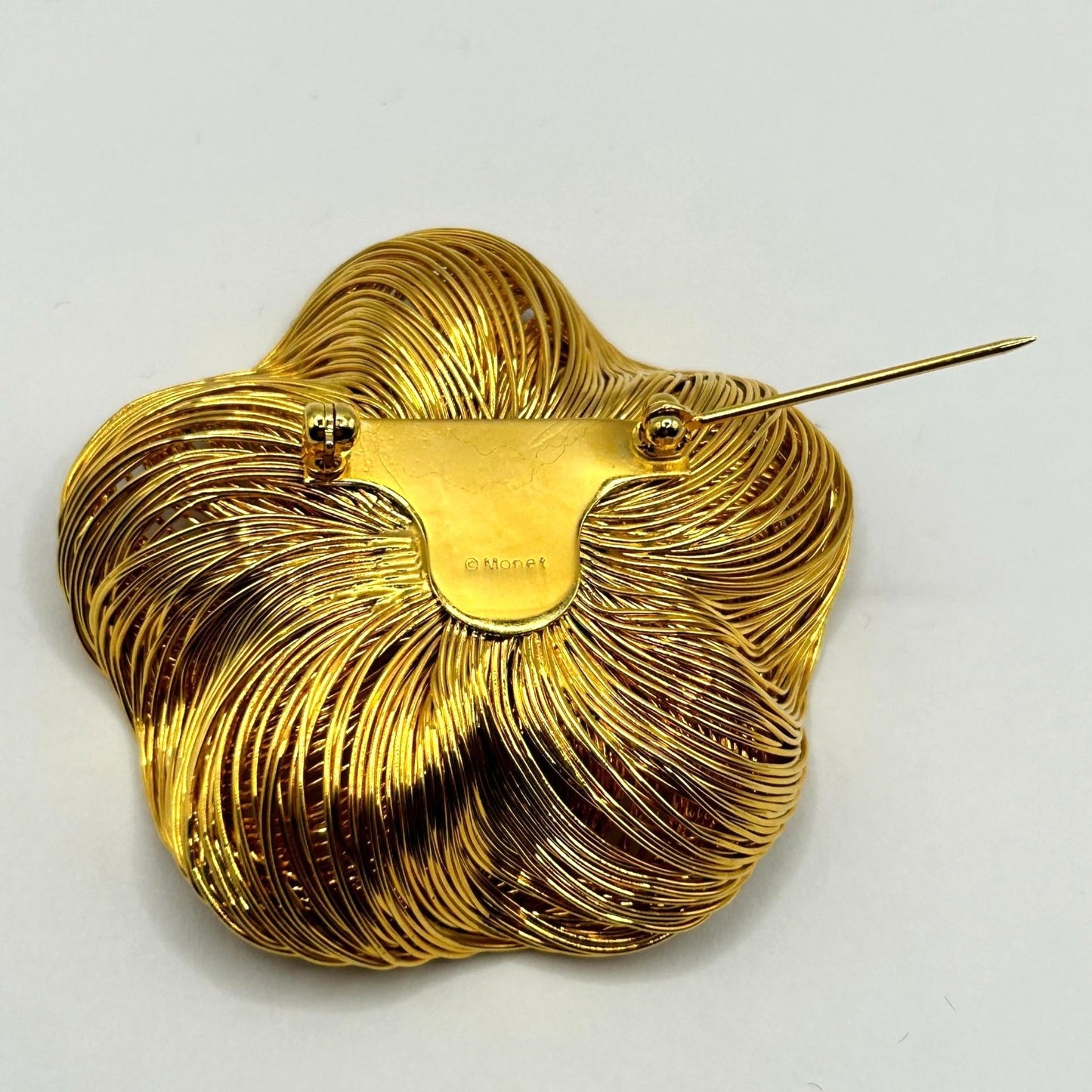Vintage Monet Gold Plated Spun Wired Flower with Rhinestones Center Brooch