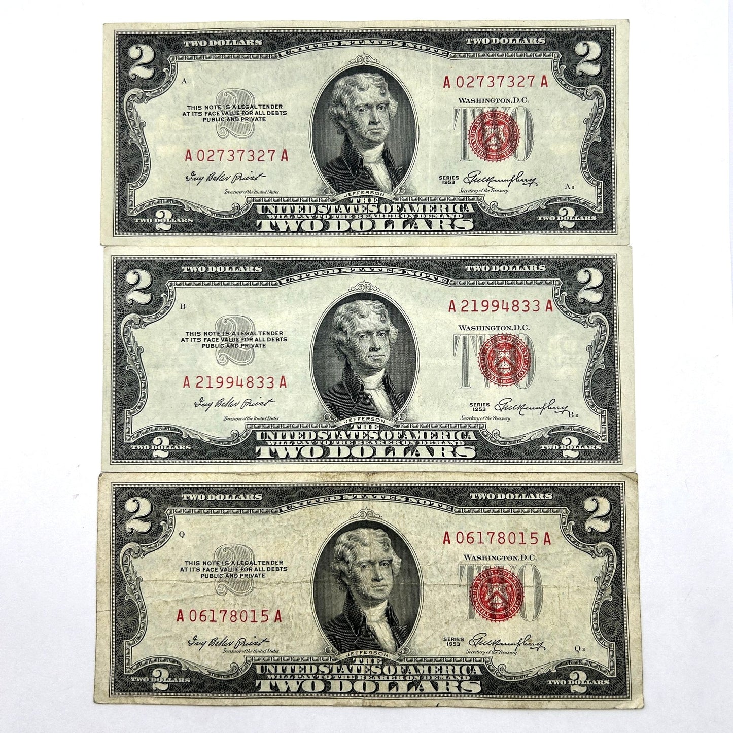 LOT OF 3 Series 1953 $2 Two Dollar Bills Red Seal - 2 Off Center Errors