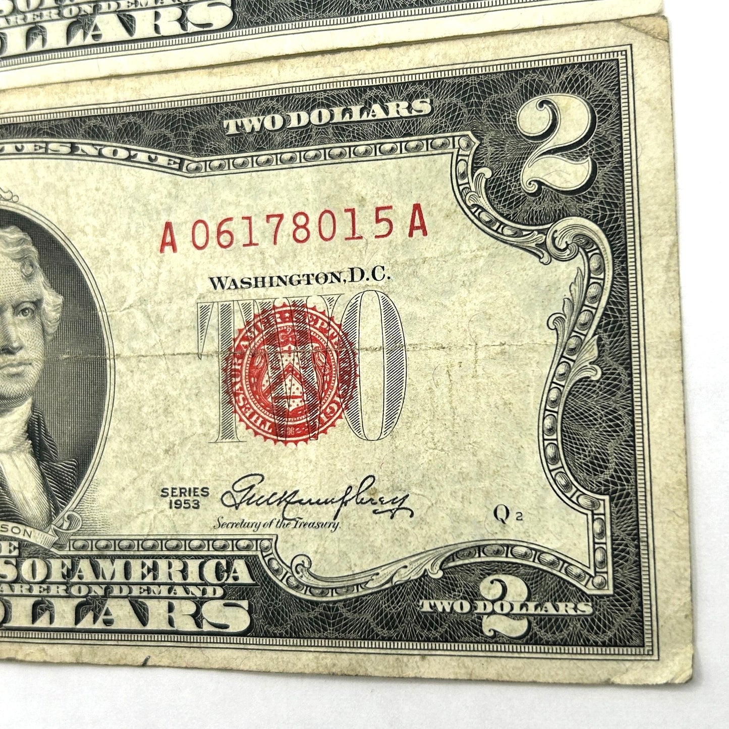 LOT OF 3 Series 1953 $2 Two Dollar Bills Red Seal - 2 Off Center Errors