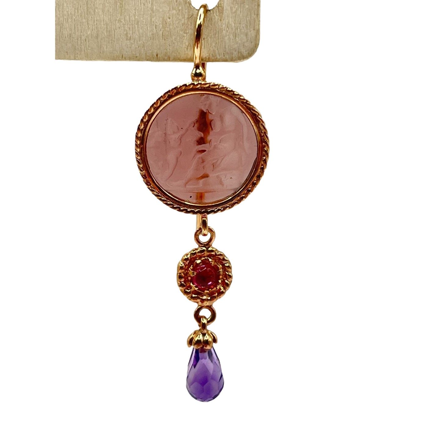 14k Rose Gold Tagliamonte Venetian Cameo Intaglio Dangle Drop Earrings Amethyst