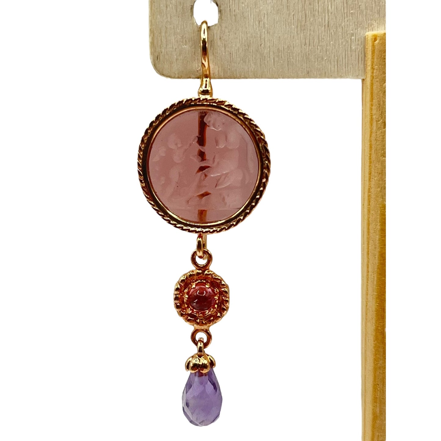 14k Rose Gold Tagliamonte Venetian Cameo Intaglio Dangle Drop Earrings Amethyst