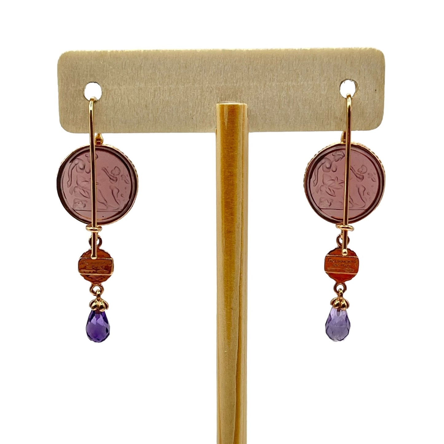 14k Rose Gold Tagliamonte Venetian Cameo Intaglio Dangle Drop Earrings Amethyst