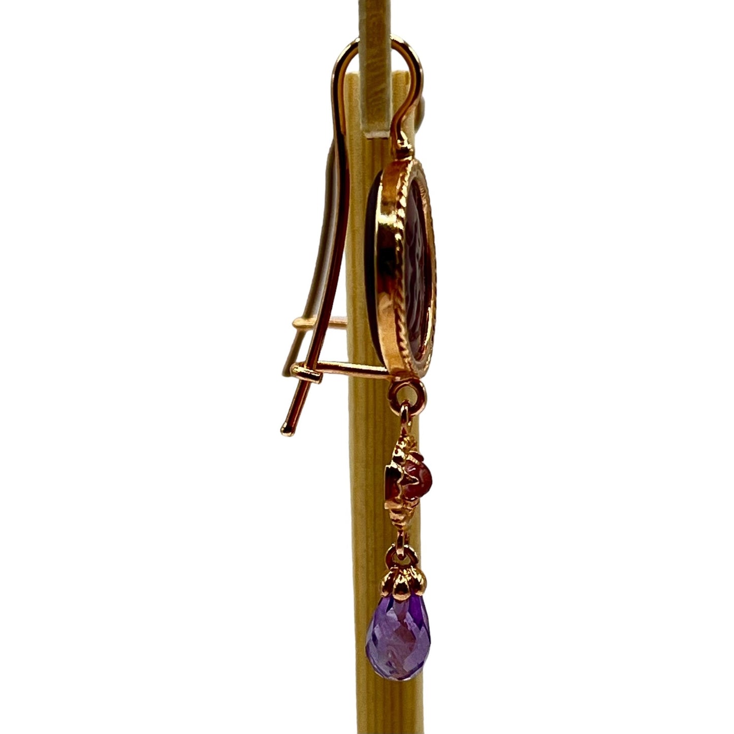 14k Rose Gold Tagliamonte Venetian Cameo Intaglio Dangle Drop Earrings Amethyst