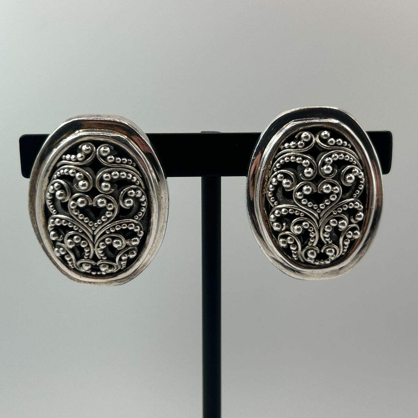 Lois Hill Granulated Sterling Silver Large Oval Earrings with Euro Clip