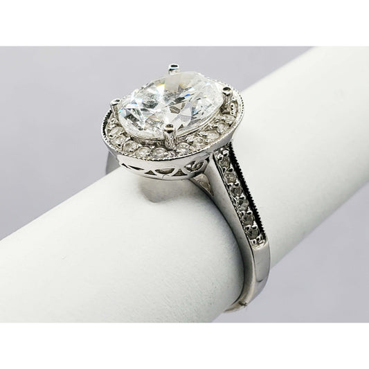 Oval CZ Halo Ring with Accents 14k White Gold Size 6