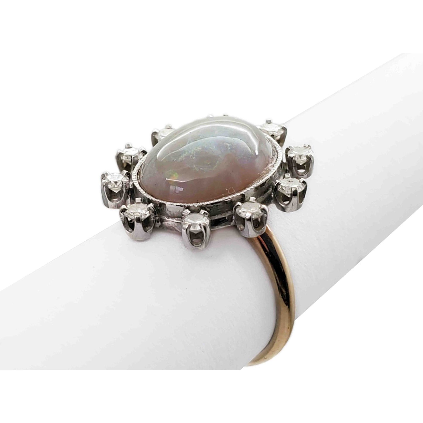 Vintage Oval Fire Opal Cabochon & Diamond Halo Cocktail Ring 14k Gold Size 6.75