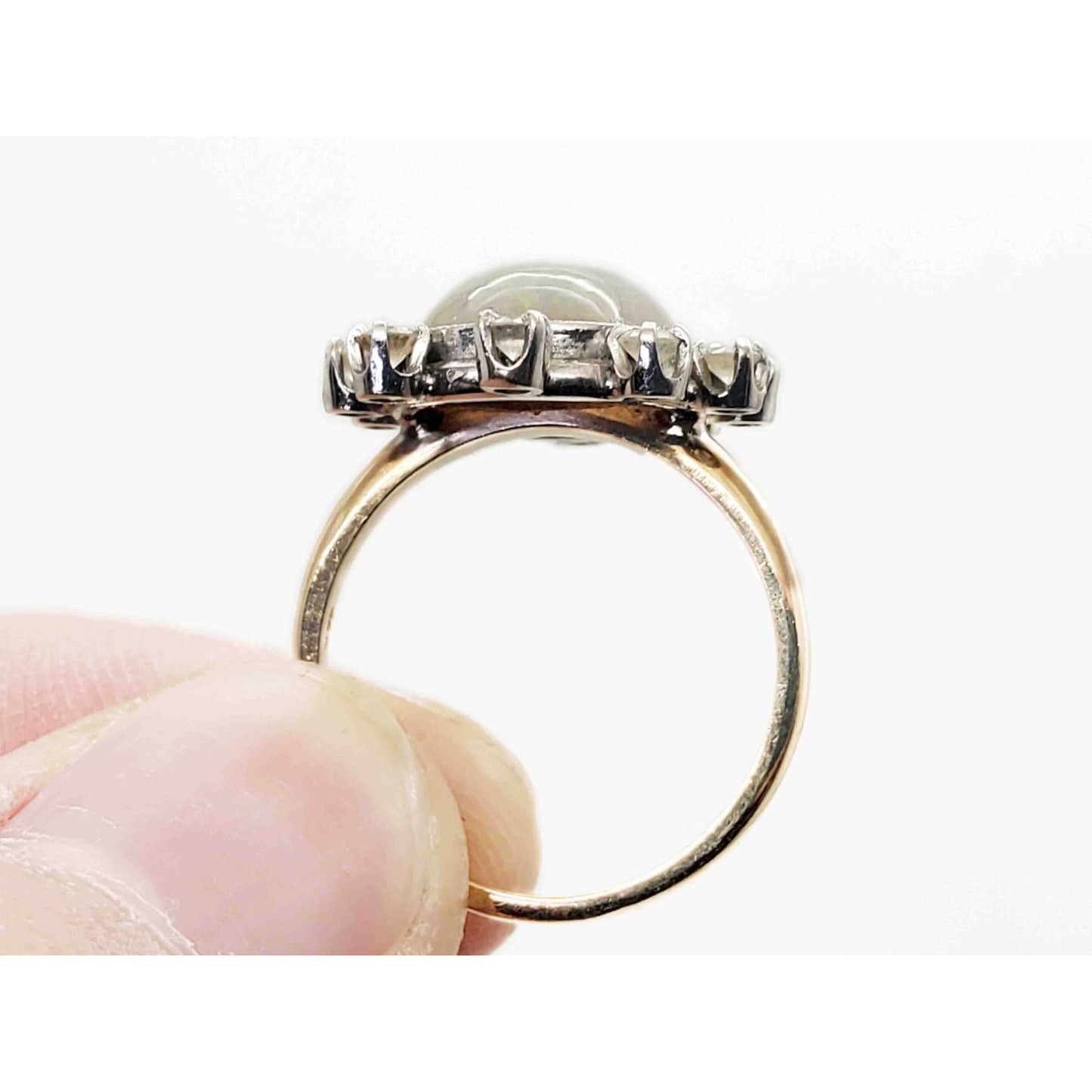 Vintage Oval Fire Opal Cabochon & Diamond Halo Cocktail Ring 14k Gold Size 6.75