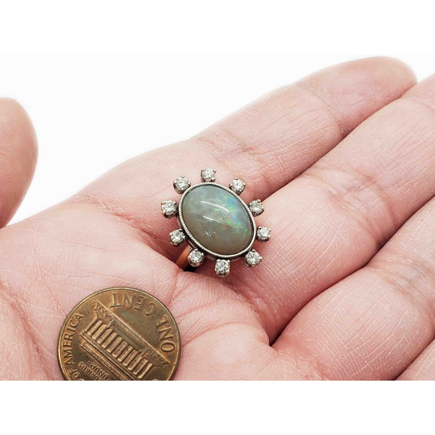 Vintage Oval Fire Opal Cabochon & Diamond Halo Cocktail Ring 14k Gold Size 6.75
