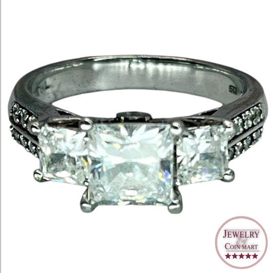 925 Silver Princess Cut Prong Setting 3 Stone CZ Ring Sz 6.75 Engagement Bridal