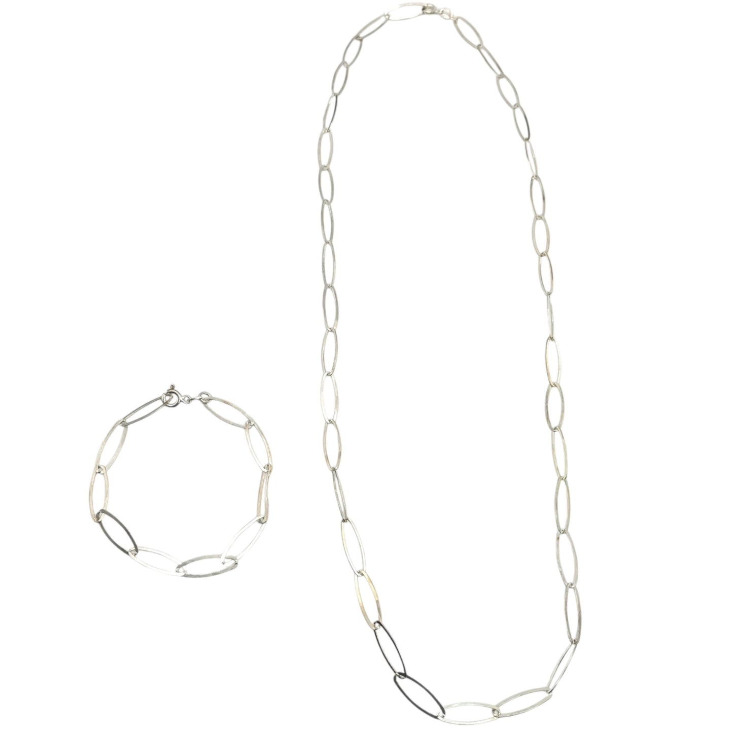 925 Sterling Silver Paperclip Chain Necklace Bracelet Set Classic Casual