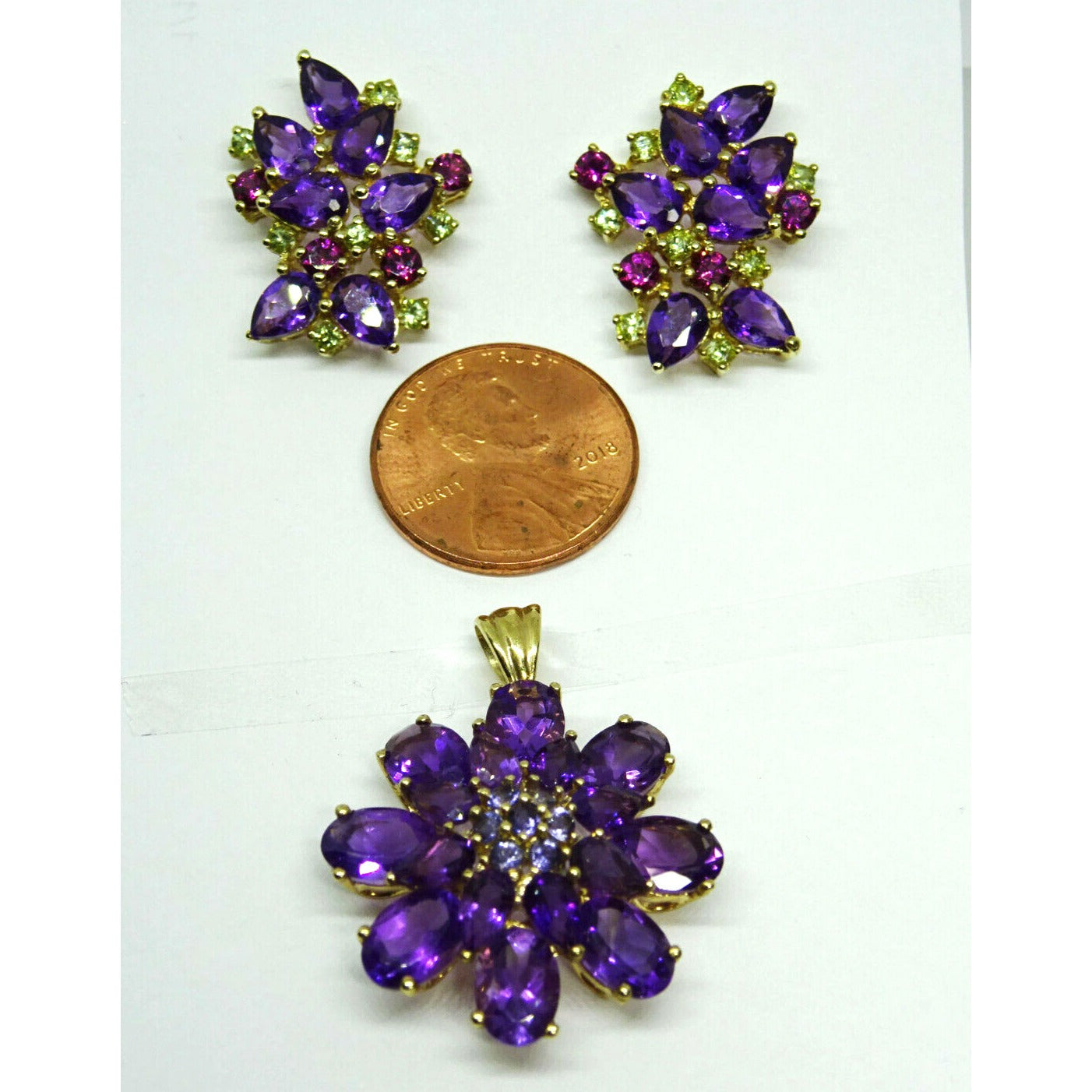Amethyst Tourmaline Peridot Iolite Earrings & Pendant Set 10k Gold