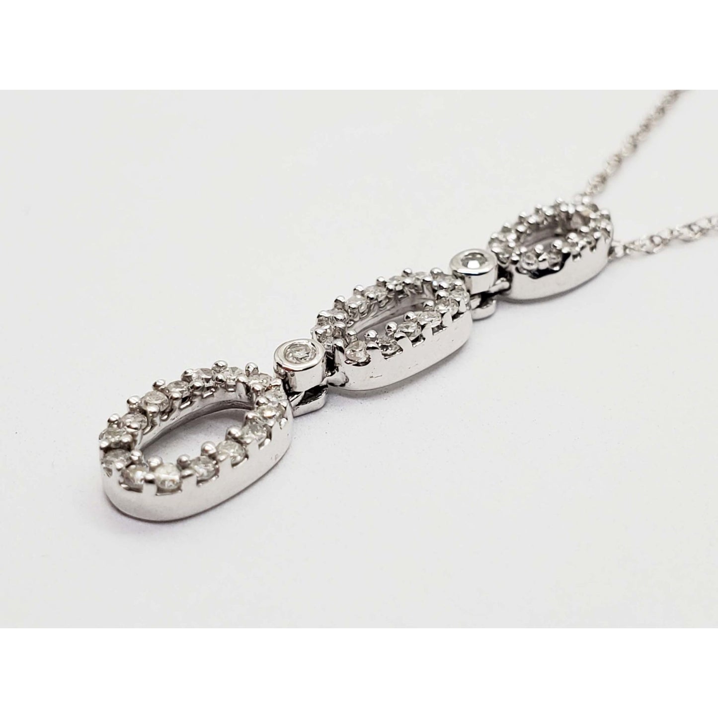 CZ Tri Oval Drop Pendant Chain Necklace 14k White Gold