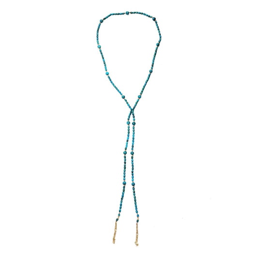 Turquoise Bead Station Lariat Strand Necklace 14k Gold