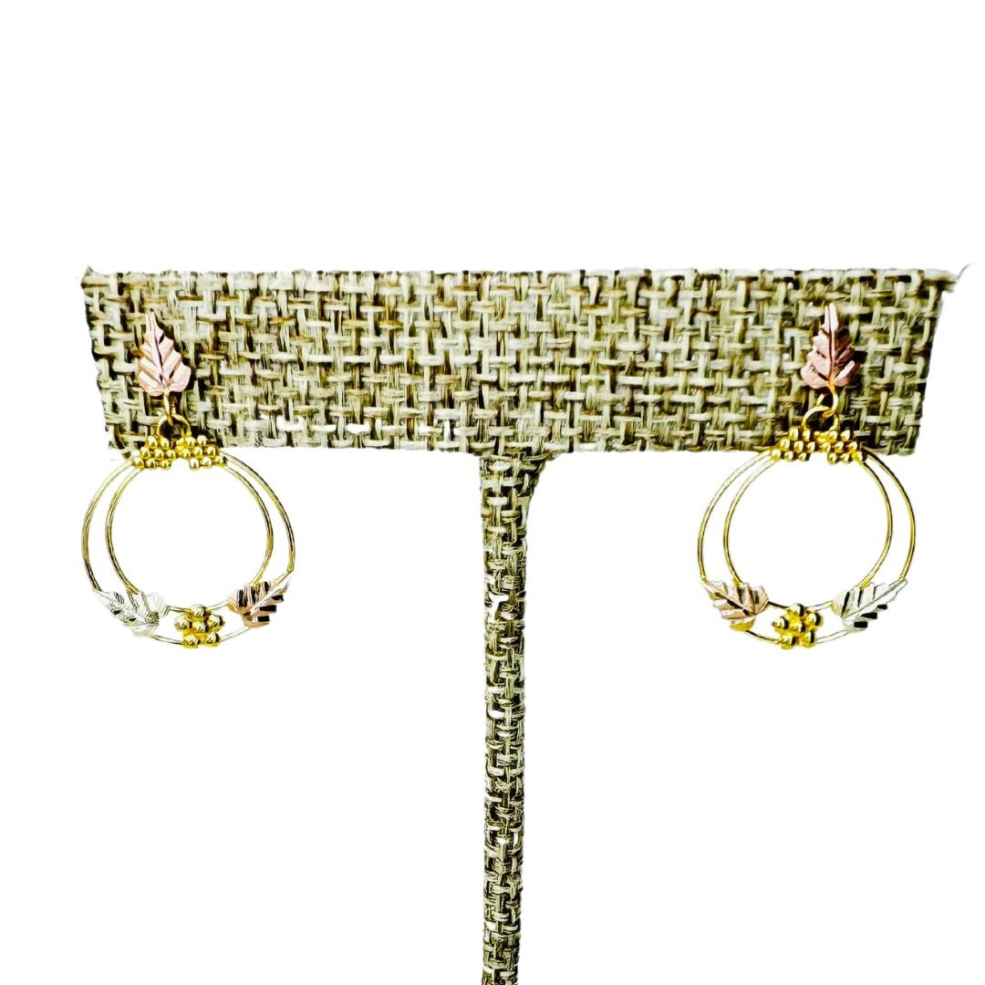 10k Gold Tri-Tone Circular Hoop Leaf Earrings