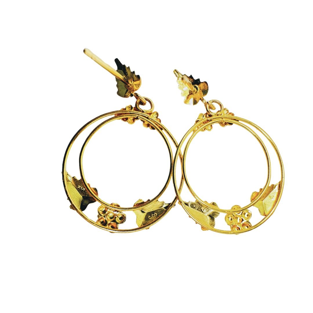 10k Gold Tri-Tone Circular Hoop Leaf Earrings