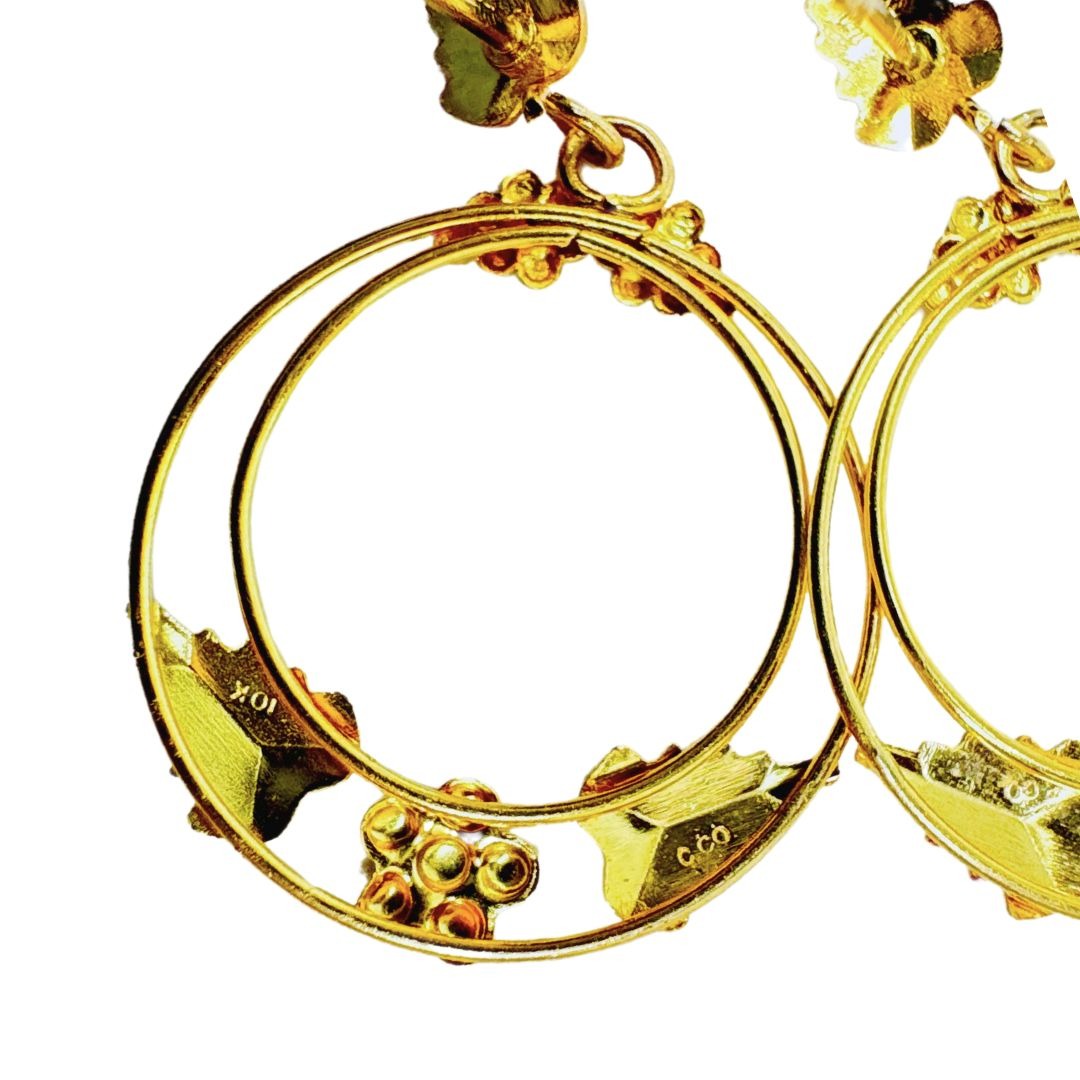 10k Gold Tri-Tone Circular Hoop Leaf Earrings