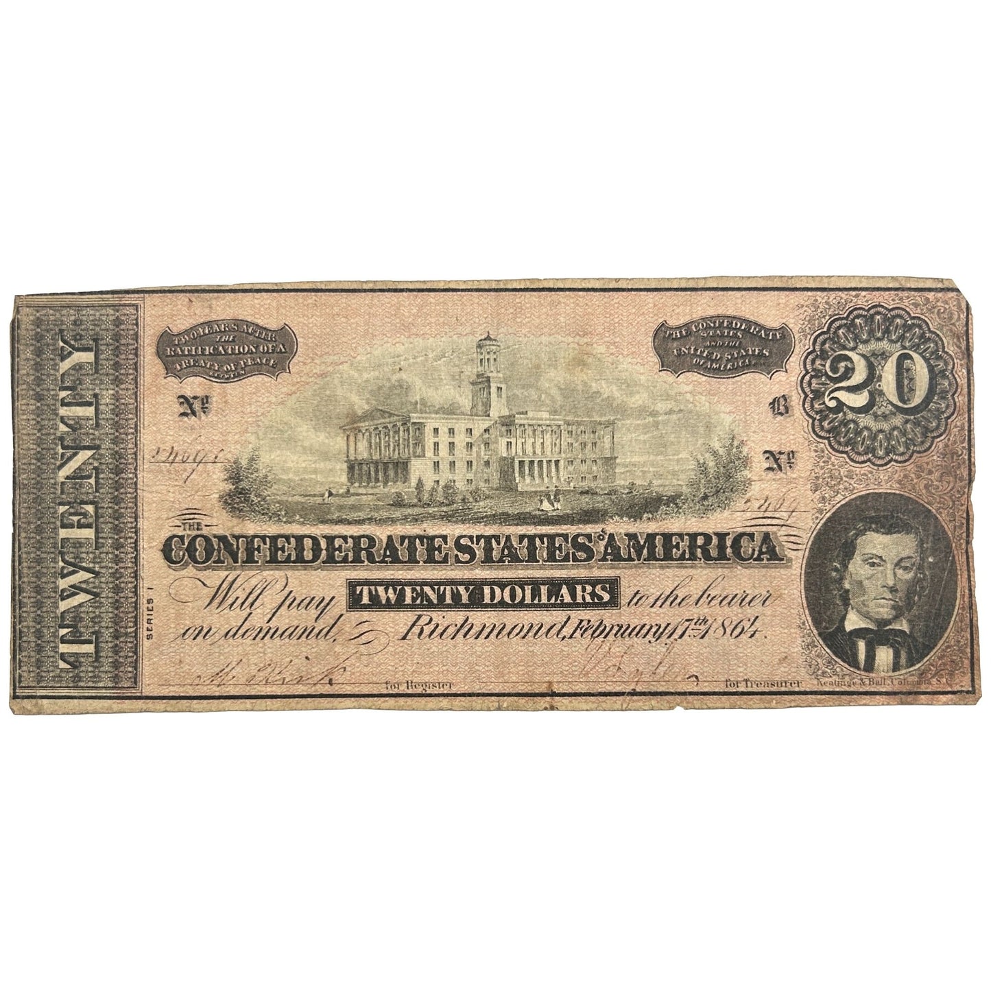 Rare Series I 1864 Confederate States Of America $20 Bill - Circulated Banknote