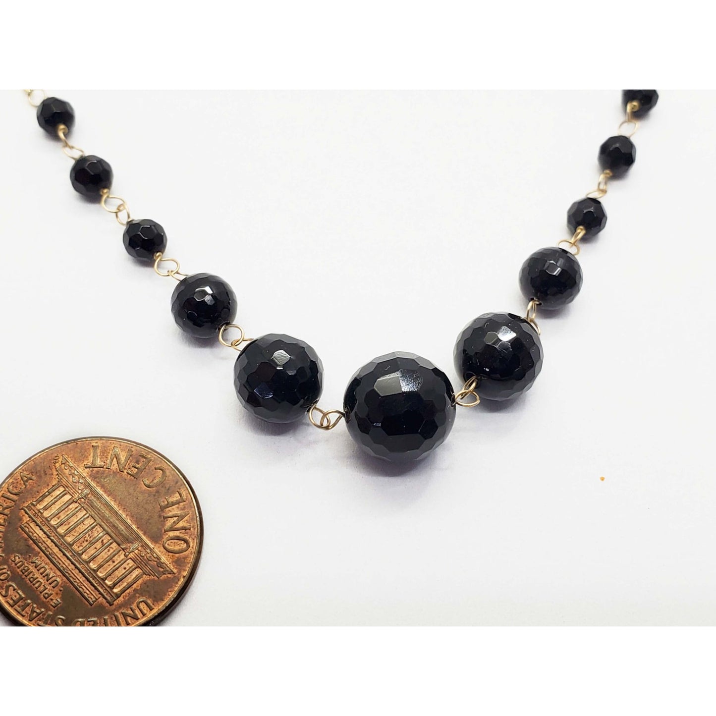 Vintage Graduated Faceted Onyx Bead Station Necklace 14k Gold