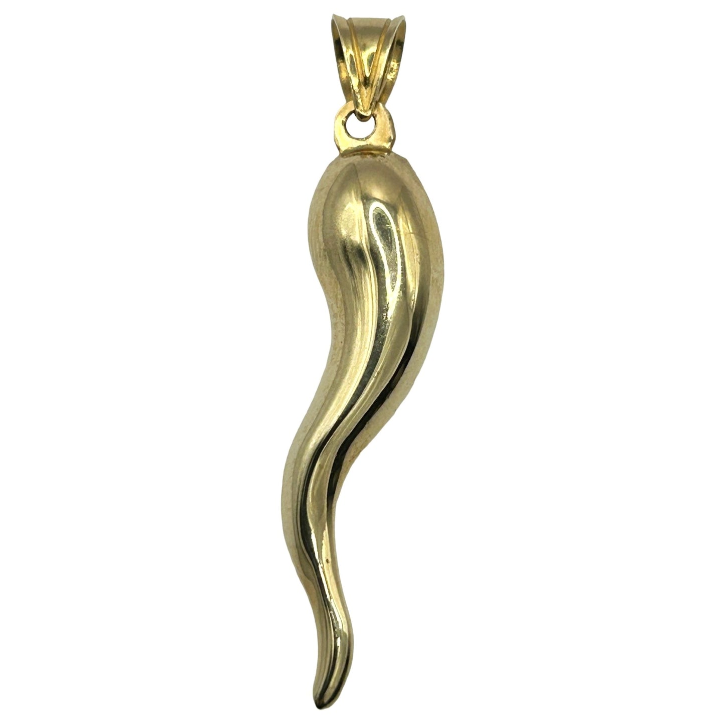 14k Yellow Gold Large Italian Cornicello Horn 38.5mm Long Charm Puffed Pendant