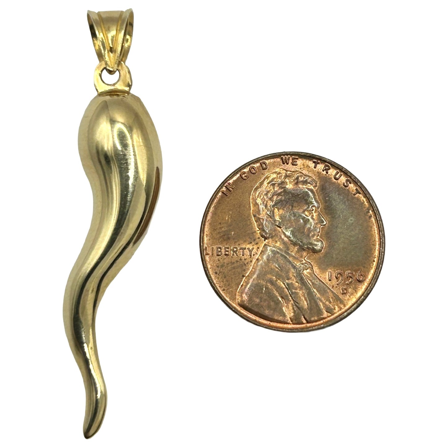 14k Yellow Gold Large Italian Cornicello Horn 38.5mm Long Charm Puffed Pendant
