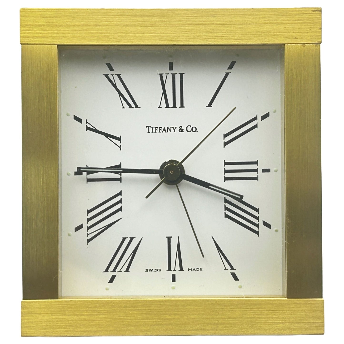 Tiffany & Co Portfolio Brass Quartz Desk Roman Numeral Clock Swiss Made - Quartz