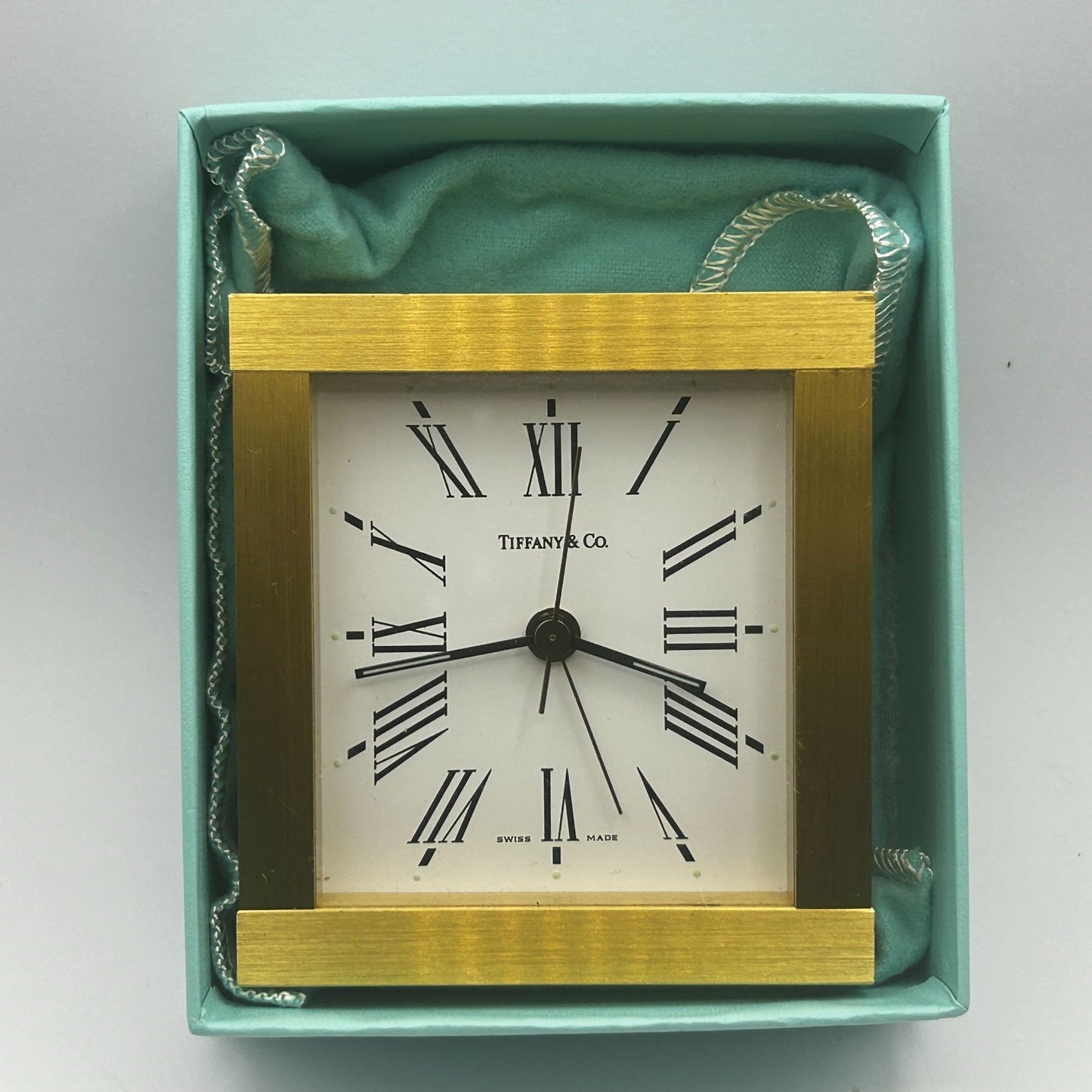 Tiffany & Co Portfolio Brass Quartz Desk Roman Numeral Clock Swiss Made - Quartz