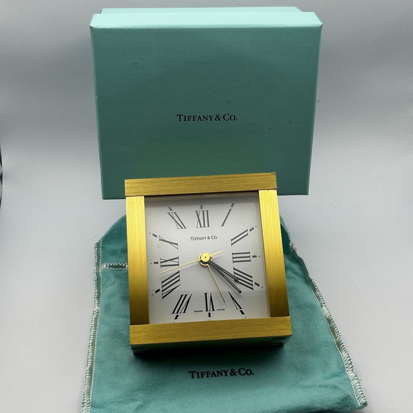 Tiffany & Co Portfolio Brass Quartz Desk Roman Numeral Clock Swiss Made - Quartz