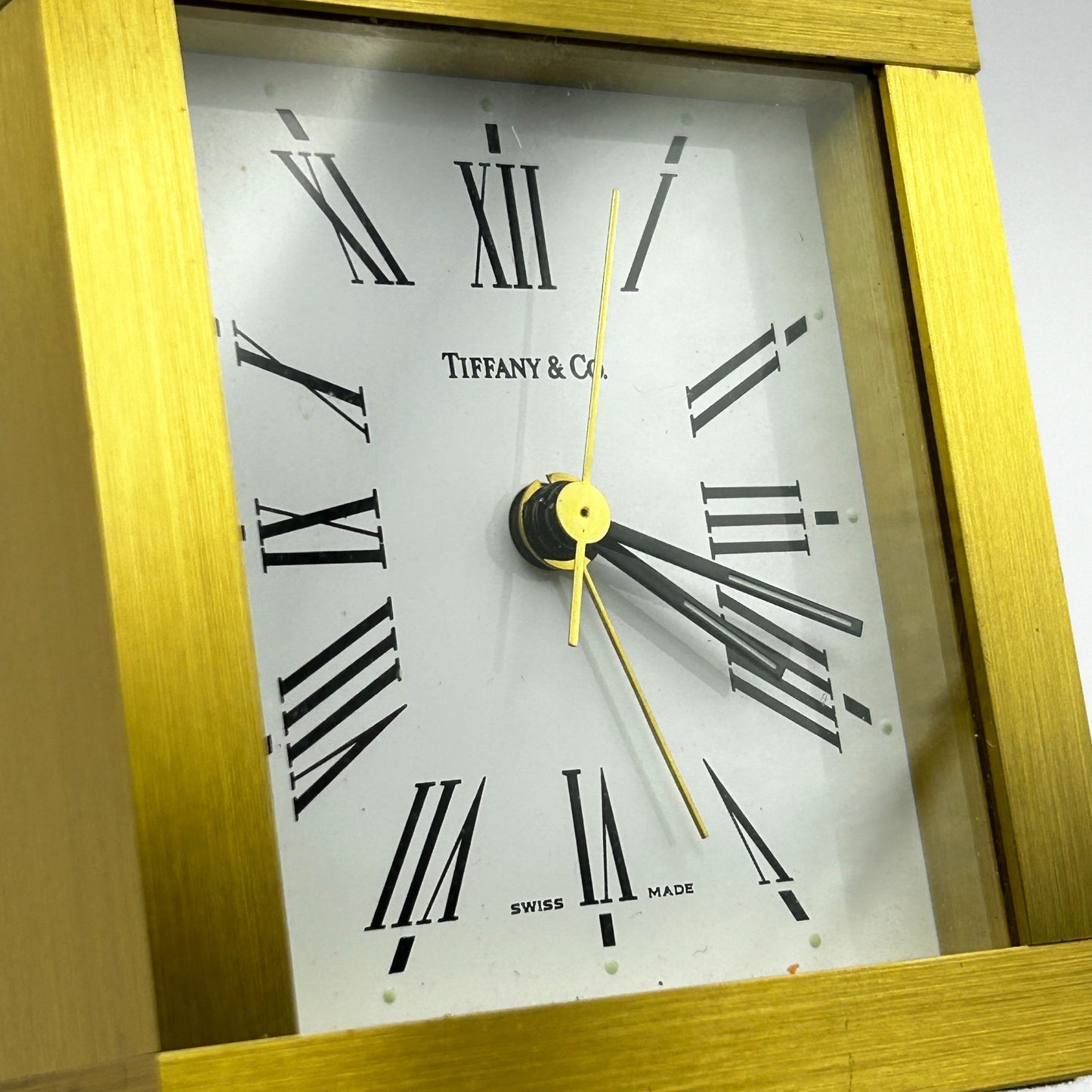 Tiffany & Co Portfolio Brass Quartz Desk Roman Numeral Clock Swiss Made - Quartz