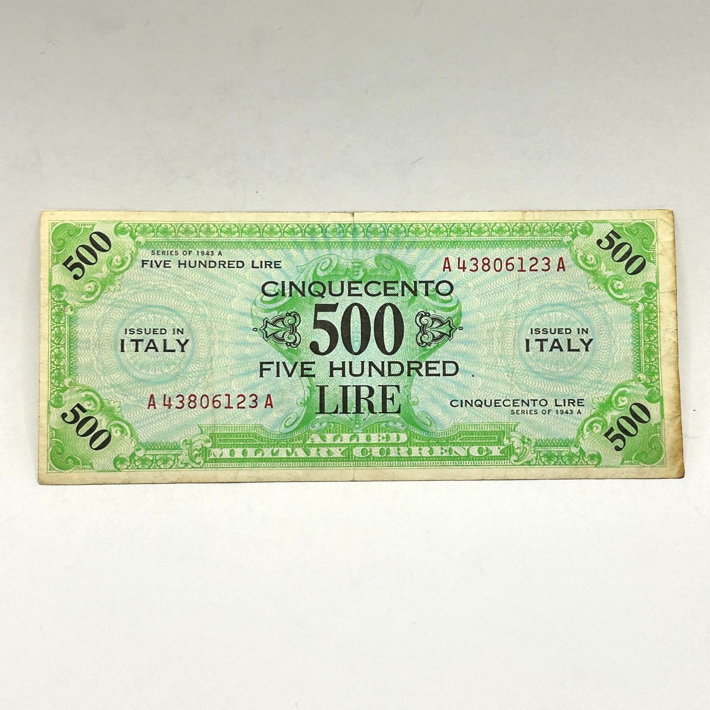 Series of 1943-A Italy Sicily Rare R2 Banknote Lire 500 Allied Military WWII FLC