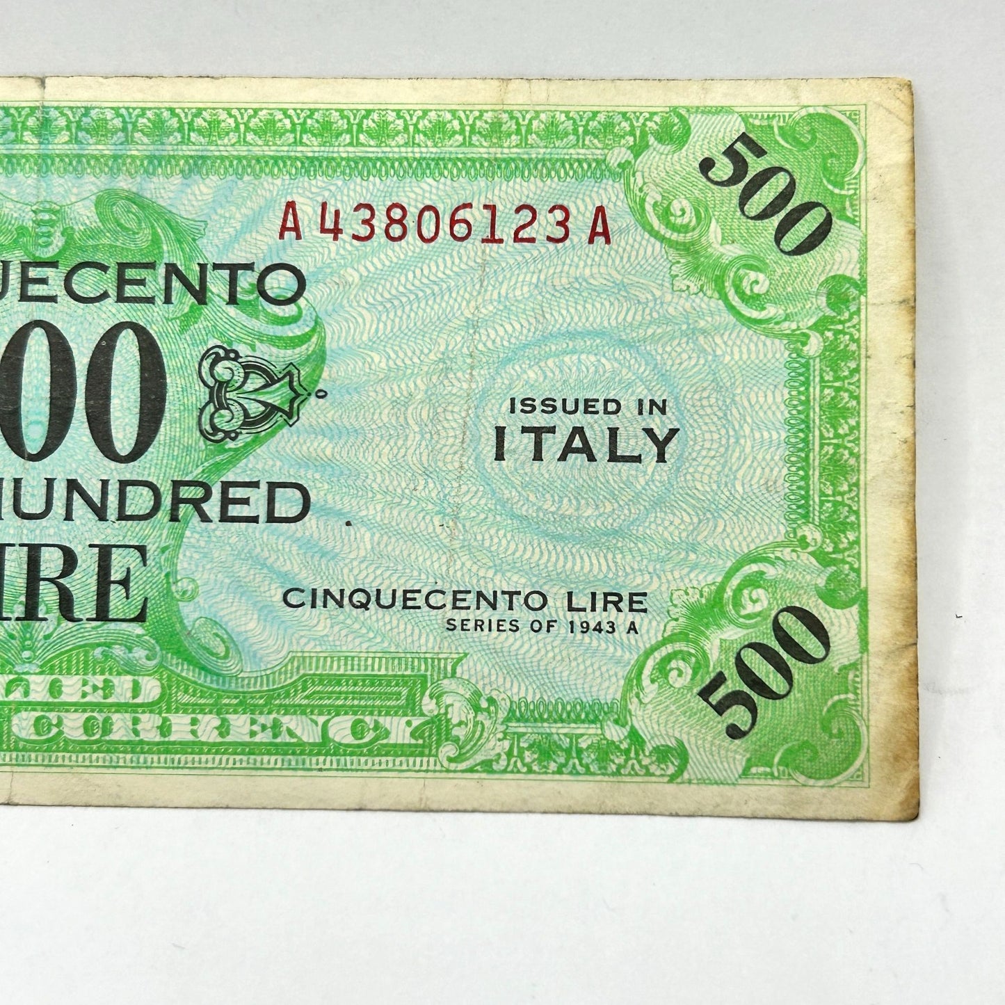 Series of 1943-A Italy Sicily Rare R2 Banknote Lire 500 Allied Military WWII FLC