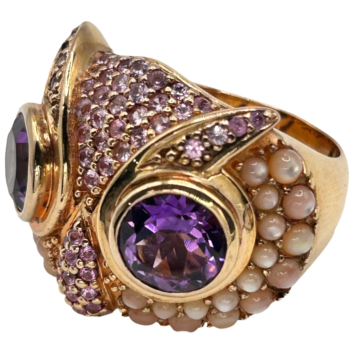 SB 925 Sterling Silver Mother of Pearl 'Owl-Face' Ring with Purple Gems Size 8.5