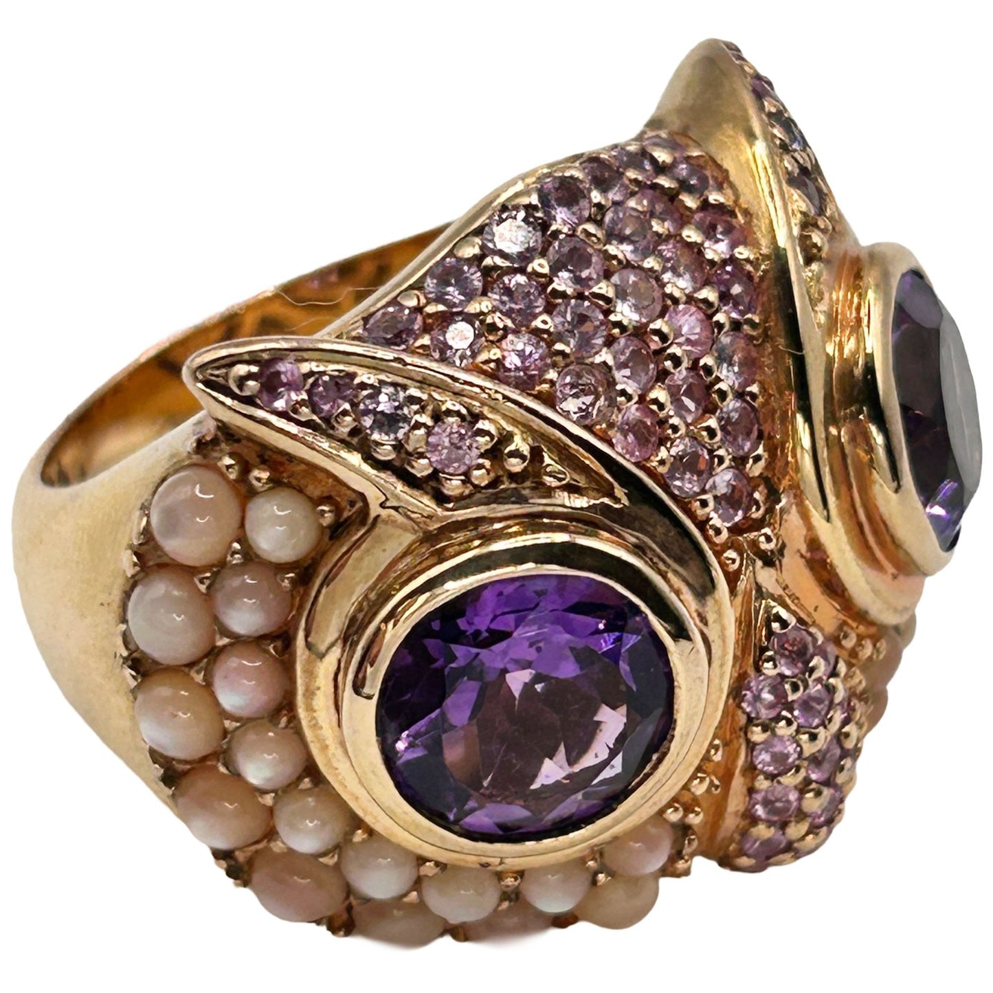 SB 925 Sterling Silver Mother of Pearl 'Owl-Face' Ring with Purple Gems Size 8.5