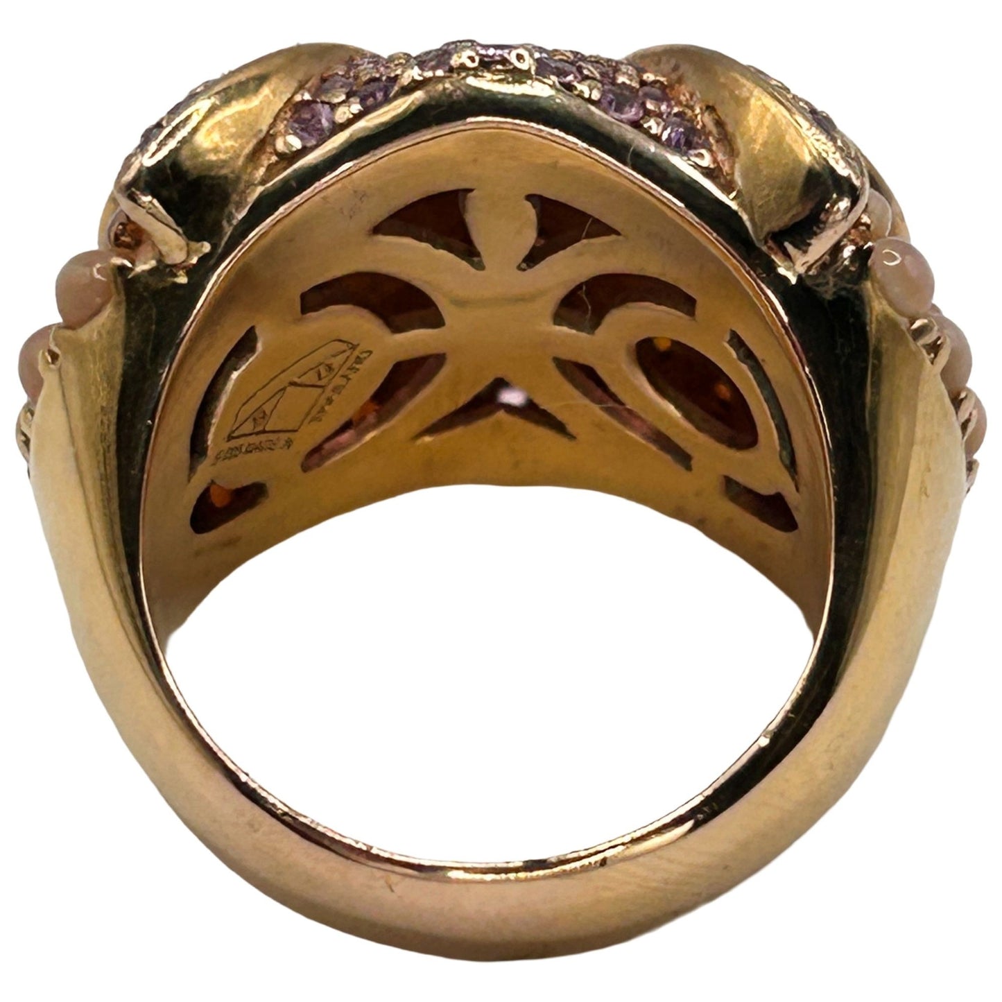 SB 925 Sterling Silver Mother of Pearl 'Owl-Face' Ring with Purple Gems Size 8.5