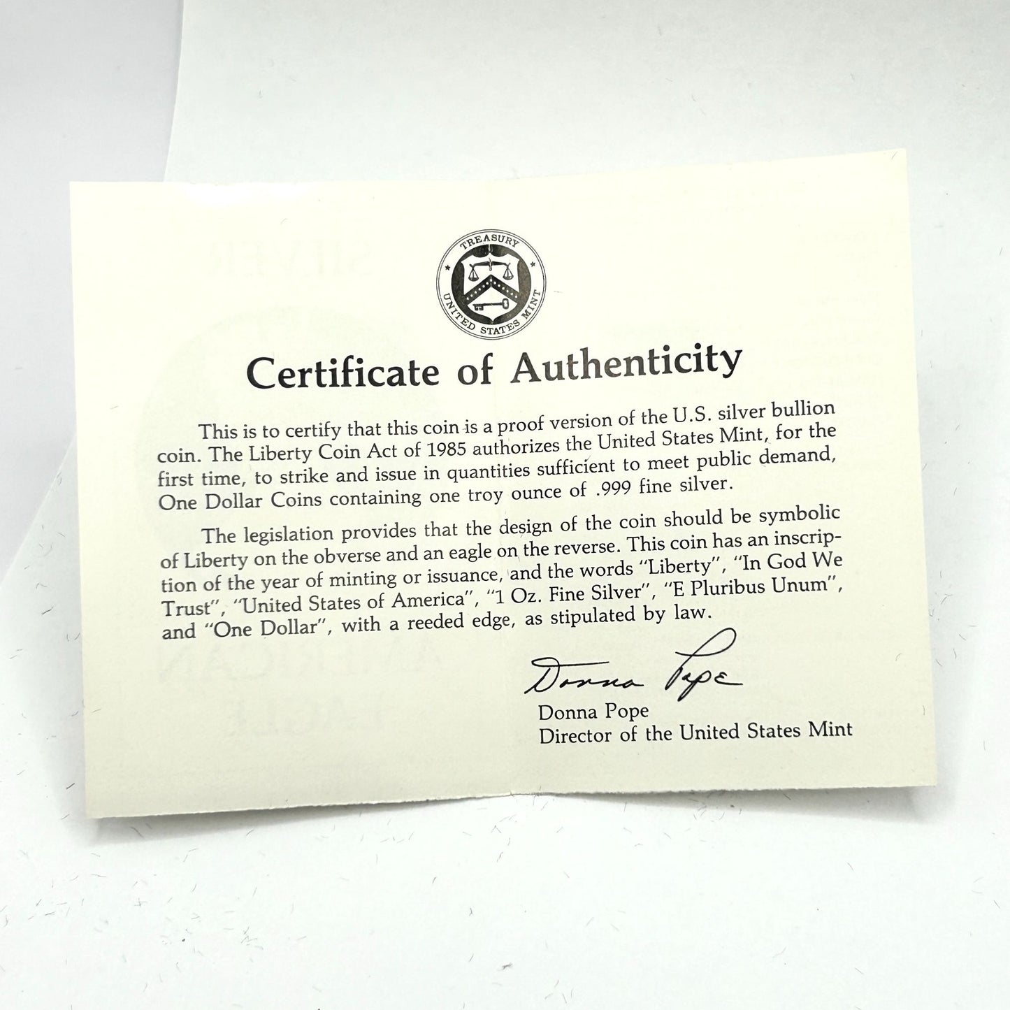 1986-S American Silver Eagle Proof in Original Government Packaging With COA