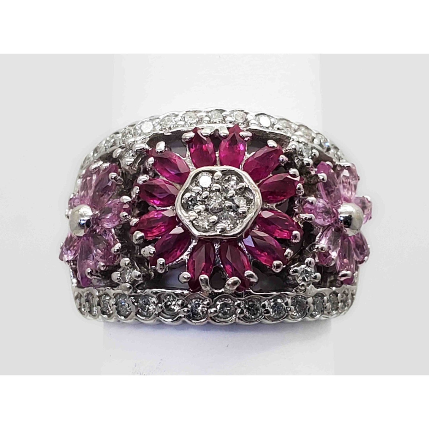 Pink Sapphire Ruby & Diamond Band Ring 14k White Gold Size 7.25