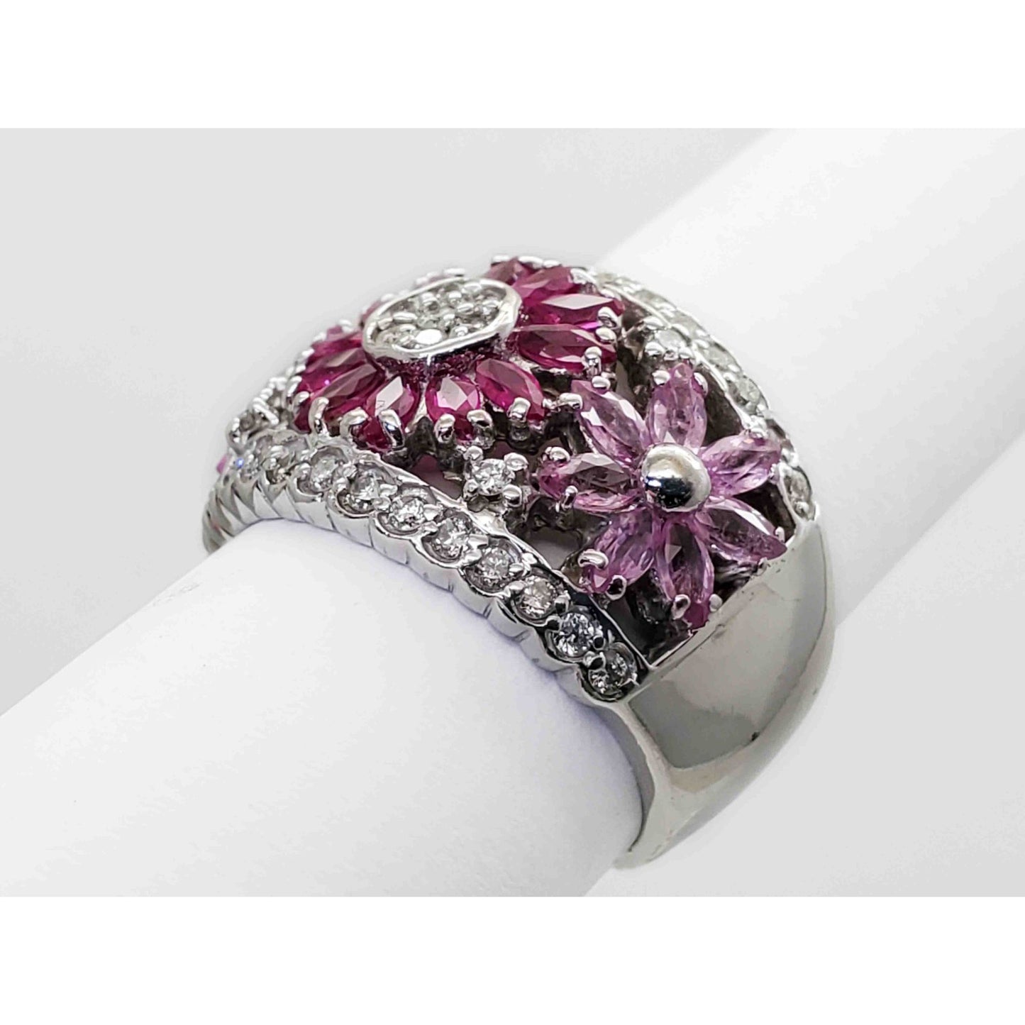 Pink Sapphire Ruby & Diamond Band Ring 14k White Gold Size 7.25