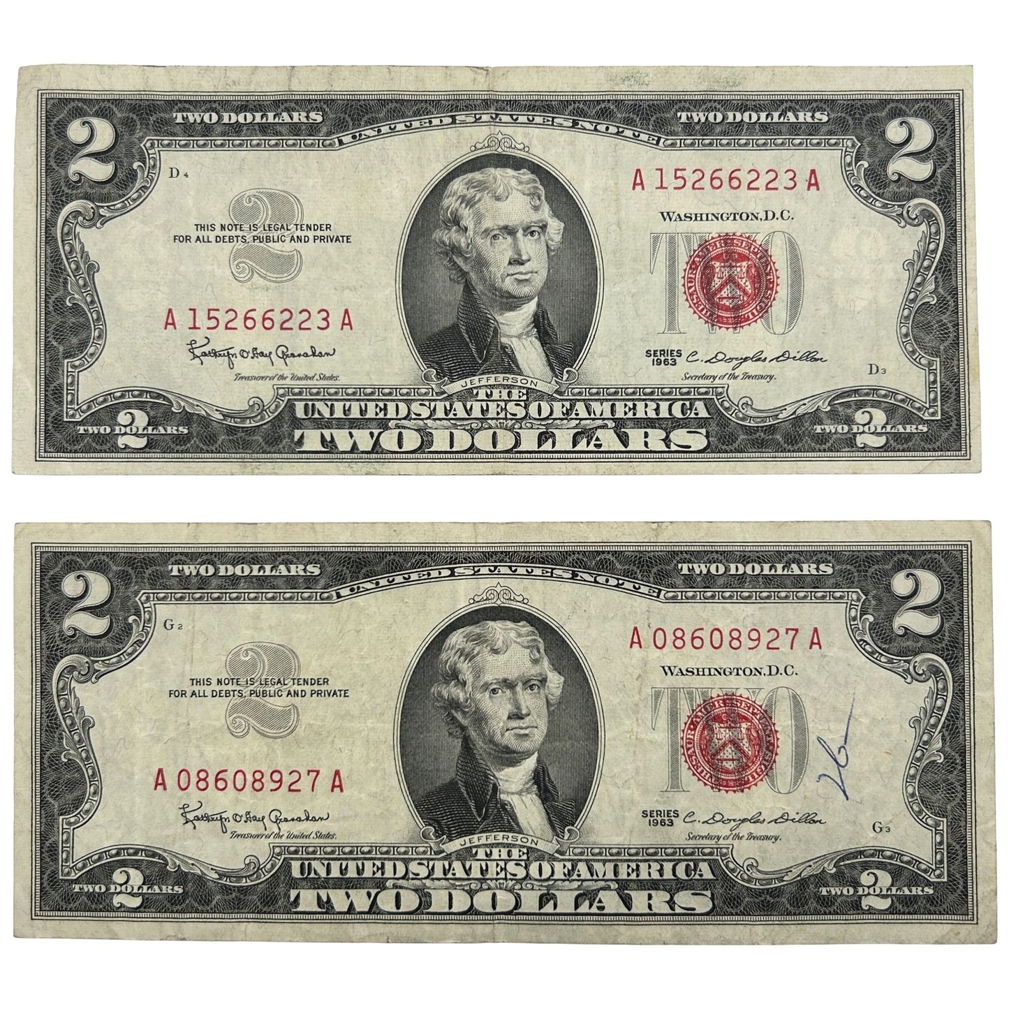 LOT OF 2 1963 Red Seal $2 Bill Banknotes - Circulated