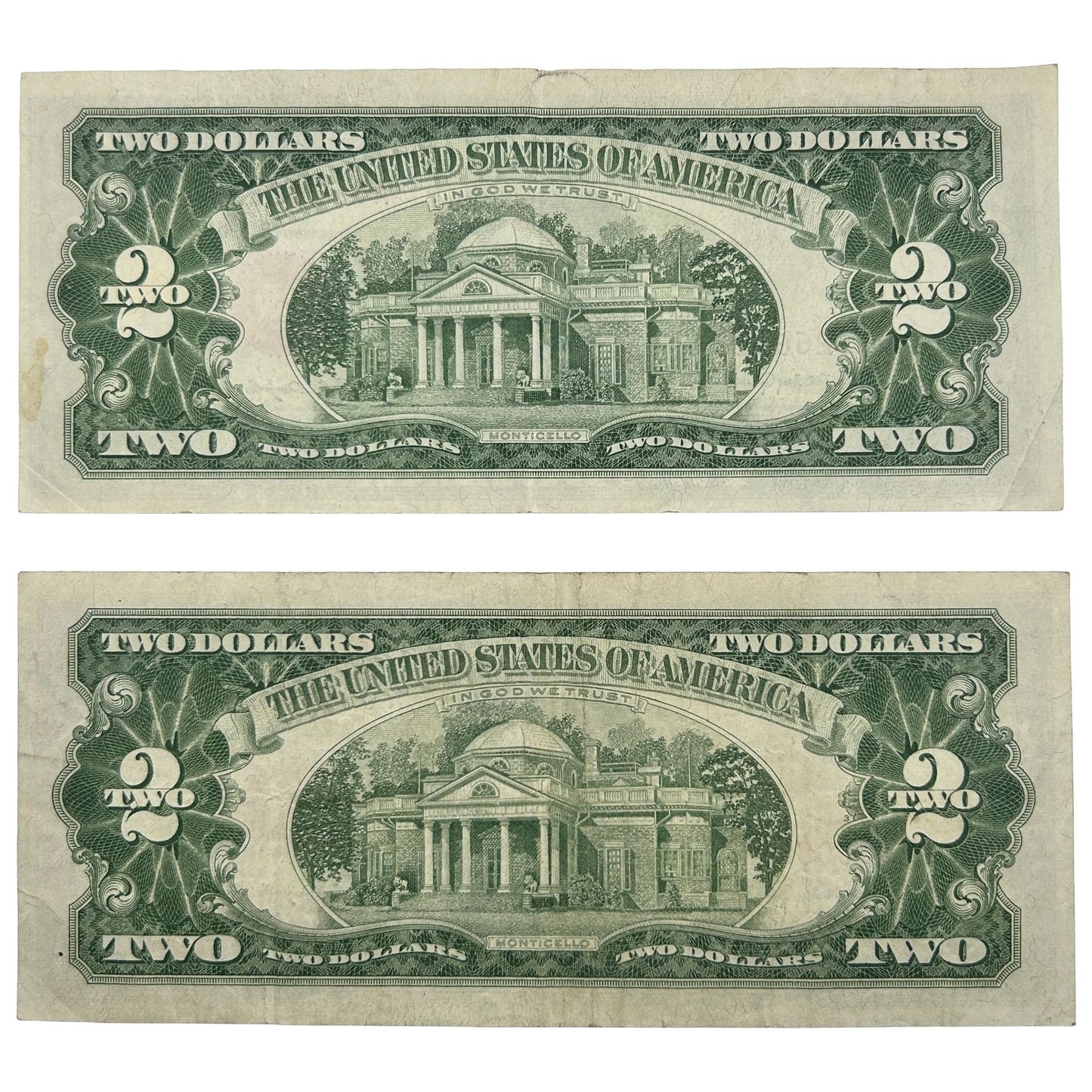 LOT OF 2 1963 Red Seal $2 Bill Banknotes - Circulated