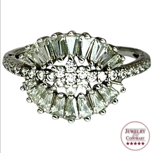 925 Sterling Silver Flower Ring Sz 7 Baguette and Round CZ Stones Prong Setting