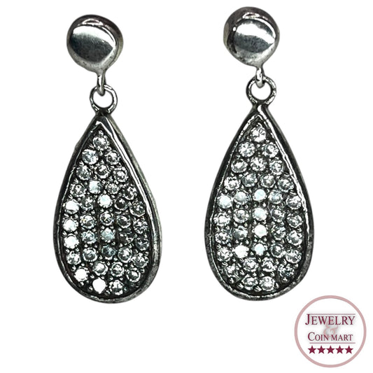 Sterling Silver Pave Cubic Zirconia Stone Drop Earrings Teardrop Formal Elegant
