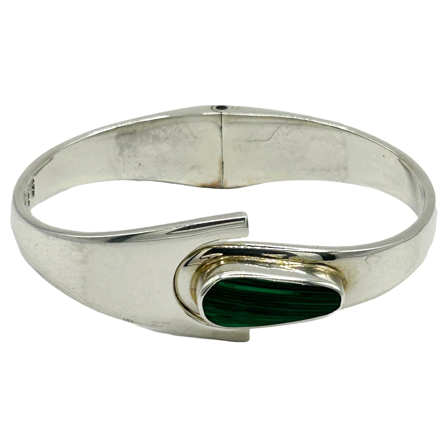 Taxco 925 Sterling Silver & Malachite Hinged Bangle Bracelet